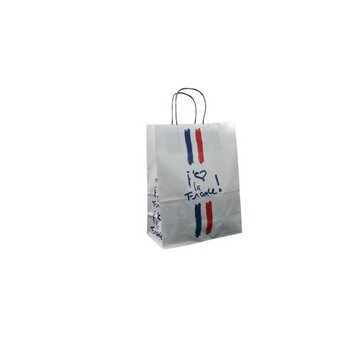 Sac kraft blanc j'aime la France poignées torsadées 23 x 12 x 30 cm